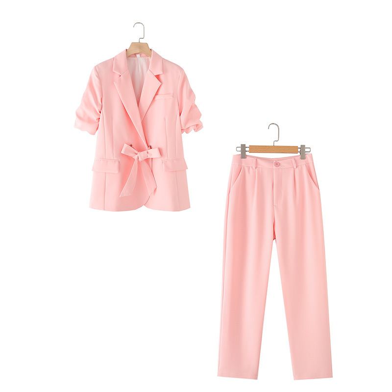 Women's Clothing solid color bow tie cuffs pleated suit jacket casual trousers suit _mkmklike.com