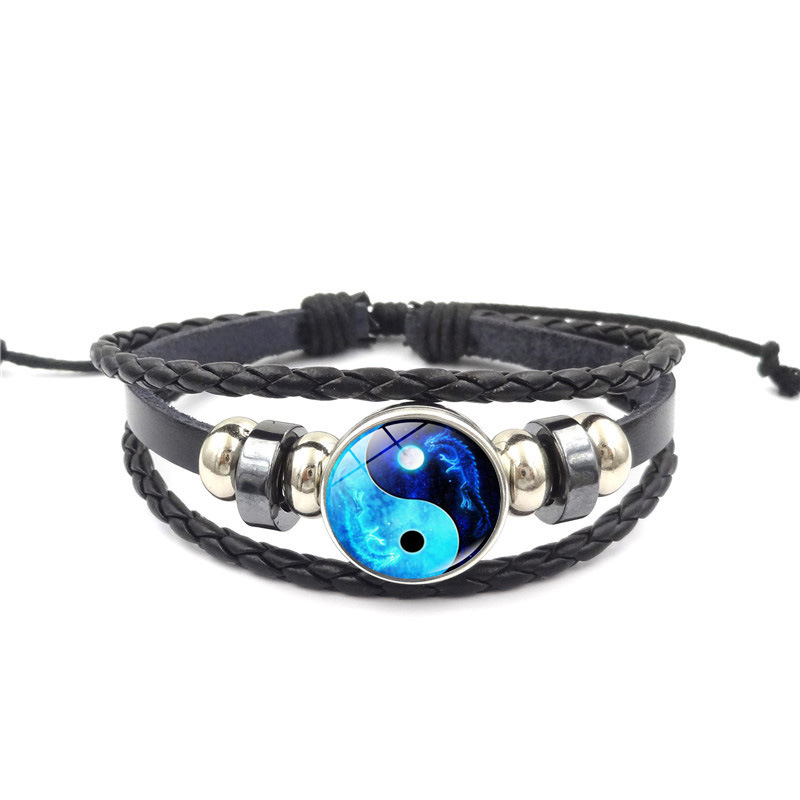 Cross-Border Temu Hot-Selling Yin and Yang Tai Chi Pattern Leather Bracelet Men's Retro Punk Multi-Layer Beaded Braided Bracelet Cross-Border Temu Hot-Selling Yin and Yang Tai Chi Pattern Leather Bracelet Men's Retro Punk Multi-Layer Beaded Braided Bracelet