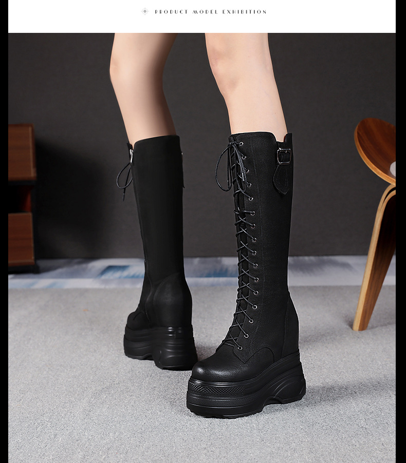 Boot Martin nữ tăng chiều cao đế dày 14 cm, phong cách thu đông — Màu đen lót nhung chi tiết 8