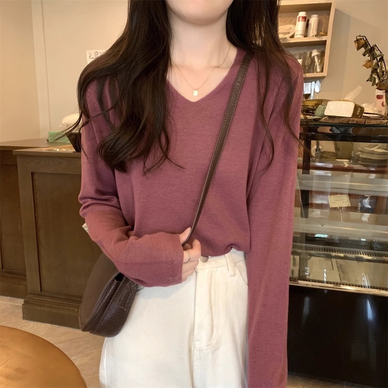 春秋冬季2025新款韩版长袖V领套头内搭打底针织衫女宽松毛衣上衣|undefined
