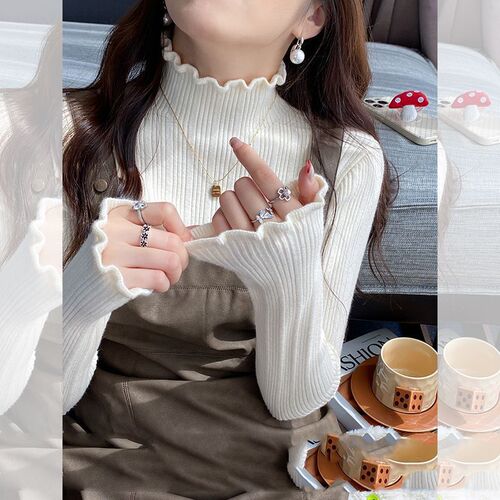 Women's Autumn/Winter Basic Crew Neck Knit Top with Mushroom Edge, High Collar Cardigan - 2025 New Arrival with Advanced Style