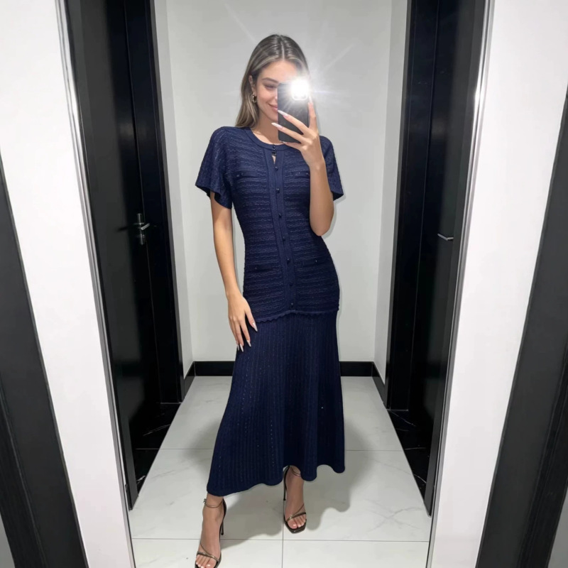 Cross-Border Foreign Trade S Brand New Blue Hollow-Out Long Dress for Women, Summer Elegant Slim-Fit Round Neck Short-Sleeve Knit Dress Cross-Border Foreign Trade S Brand New Blue Hollow-Out Long Dress for Women, Summer Elegant Slim-Fit Round Neck Short-Sleeve Knit Dress