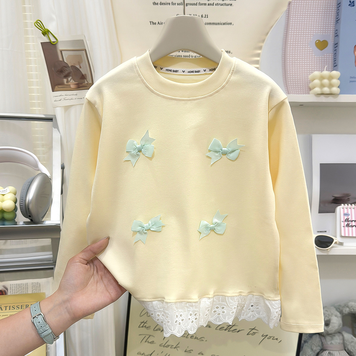 Nuevas chicas de primavera y otoño dopamina de manga larga moda lindo lazo de encaje dobladillo elegante blusa de cuello redondo