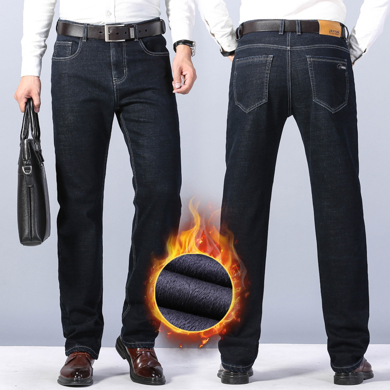 Men's plush jeans for winter, thickened, warm loose, straight leg middle-aged elastic pants, autumn and winter styles_voghion.com