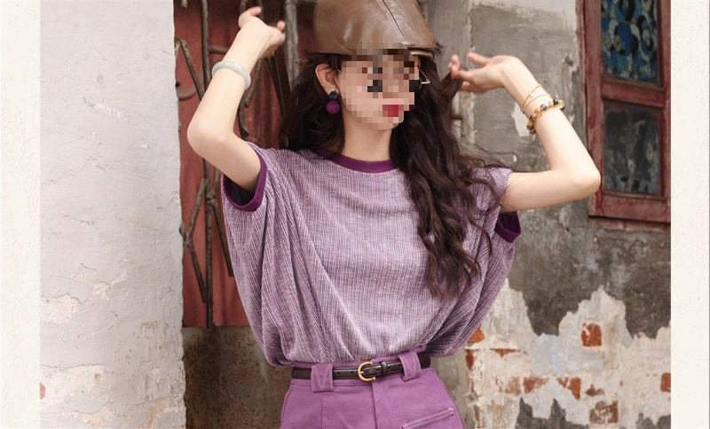 Bộ áo thun ngắn tay cổ tròn phối quần short jean ống rộng nữ — Áo ngắn tay+quần jean rộng, Áo ngắn tay, Quần jean rộng màu tím chi tiết 6