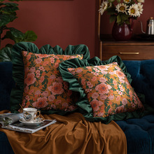 复古风沙发抱枕靠垫高级感提花方形抱枕卧室床头枕花卉荷叶边靠枕