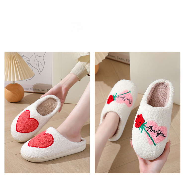 Pantofole di cotone con faccina sorridente, caldo inverno, grande amore, all'ingrosso, per donna, per interni, in peluche, calde, per la casa_voghion.com
