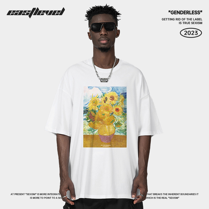 Mode américaine peinture à l'huile à manches courtes t-shirt hommes demi manches coton ample oversize Couple costume T-shirt_voghion.com