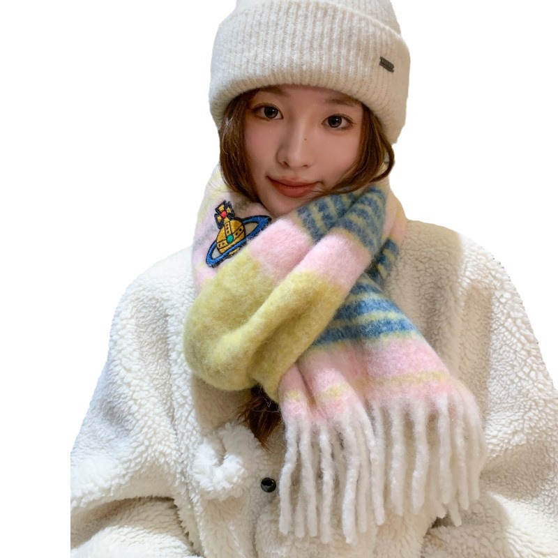 Nuevo todo-fósforo de alta calidad elegante bufanda femenina Xi Reina Señora a rayas color a juego cálido engrosado simple mohair chal