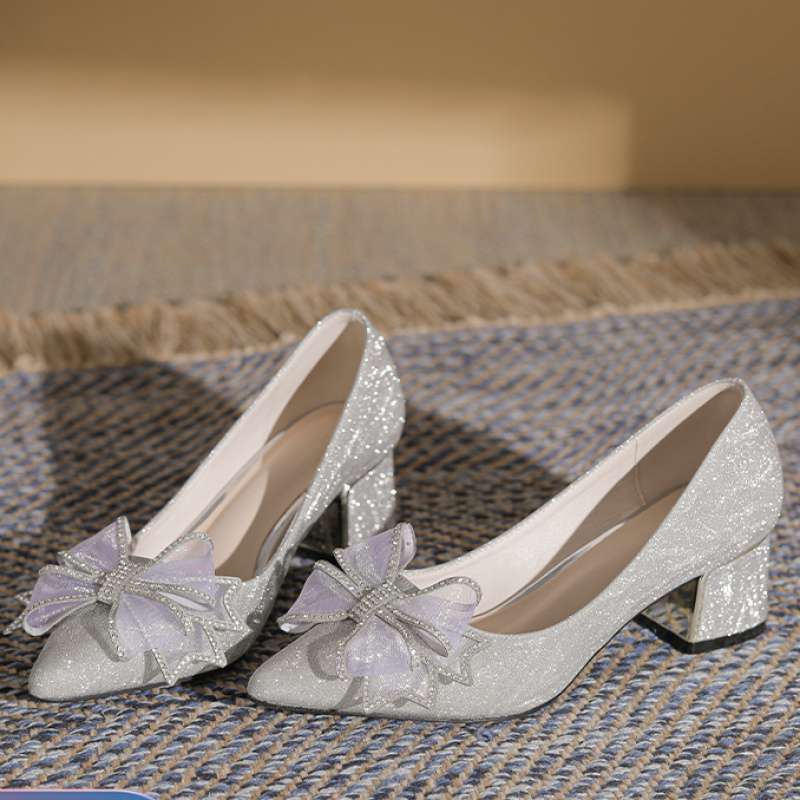 Wedding Shoes for Fat Feet and Wide Feet 2025 New Bow High Heels Widened and Fattened Pointed Toe Thick Heel Champagne Color Flats