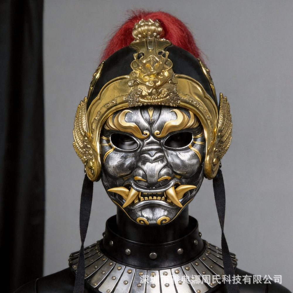 Todo el rostro negro dorado estilo nacional armadura Hanfu cos accesorios se pueden usar máscara de cara antigua oro negro samurai fantasma image 3