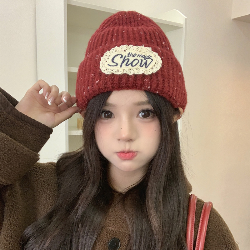蕾丝英文字母标针织男女瓜皮帽纯色雪花点坑条卷边护耳保暖包头帽|undefined