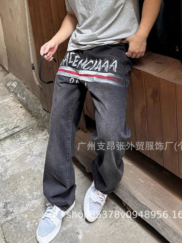 巴黎25新款可乐海浪波浪牛仔裤经典复古水洗男女长裤宽松B家潮牌|undefined