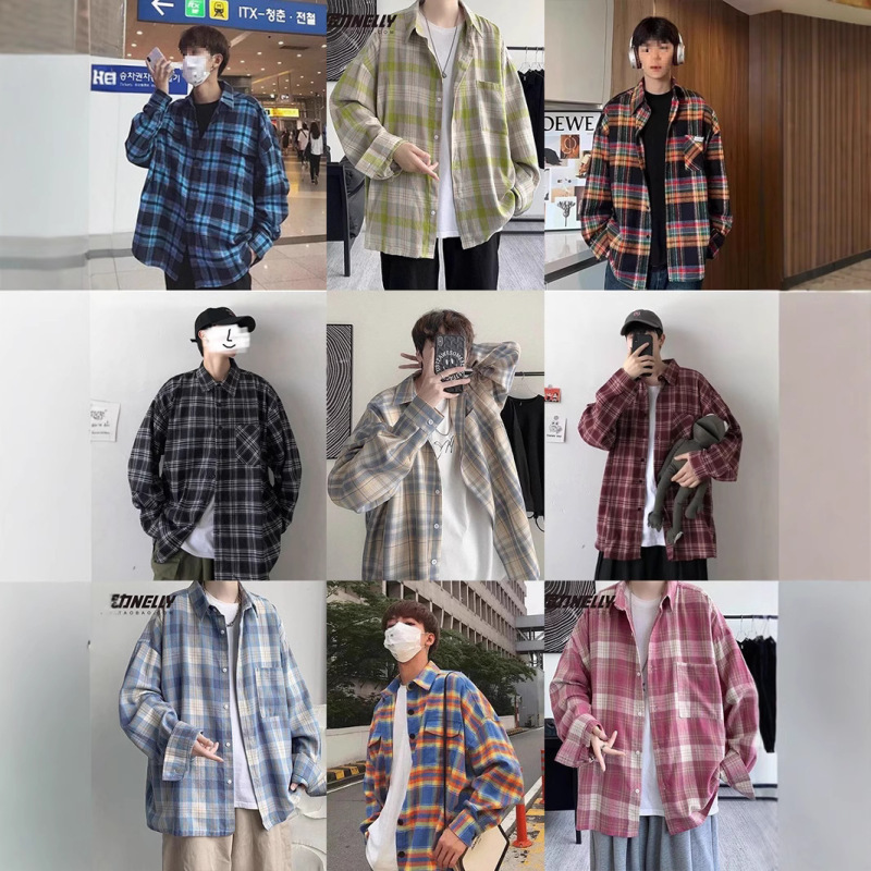 American-Style Spring and Autumn Japanese-Style Long-Sleeve Plaid Shirt for Men, Korean Fashion Trendy Ins Influencer Casual Shirt Jacket