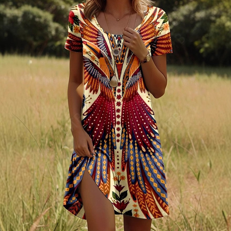 New Style Indian Feather Print Element Round Neck Short-Sleeved Dress European and American Cross-Border Foreign Trade Women's Dress