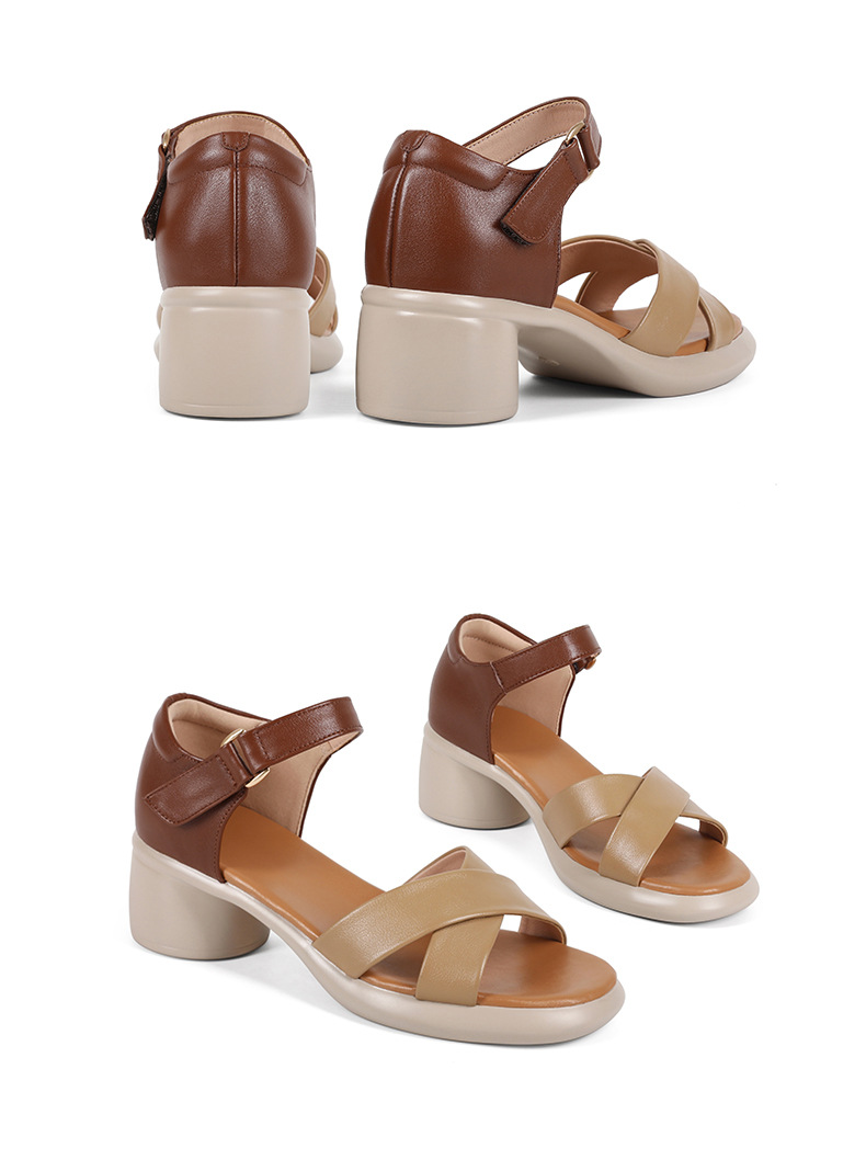 Sandal cao gót nữ hở mũi da bò thật đế dày thoải mái — Da bò lớp đầu màu hạnh chi tiết 26