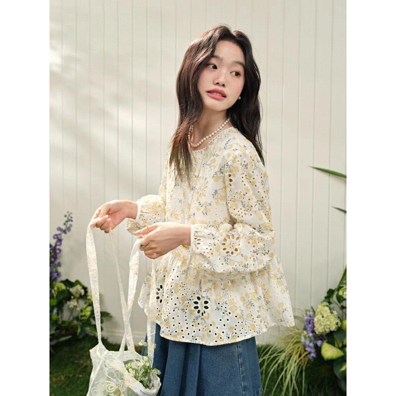 镂空花边蓬蓬上衣衬衣女2025秋季新款正肩花衬衫娃娃衫小衫秋|undefined