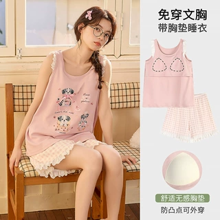 带胸垫睡衣女款2026夏季纯棉背心卡通可爱无袖薄款套装夏款家居服