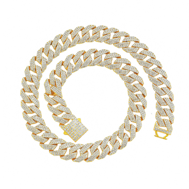 Europe and the United States cross-border new personality men's 15mm wide diamond three-row drill hip-hop heavy chain necklace