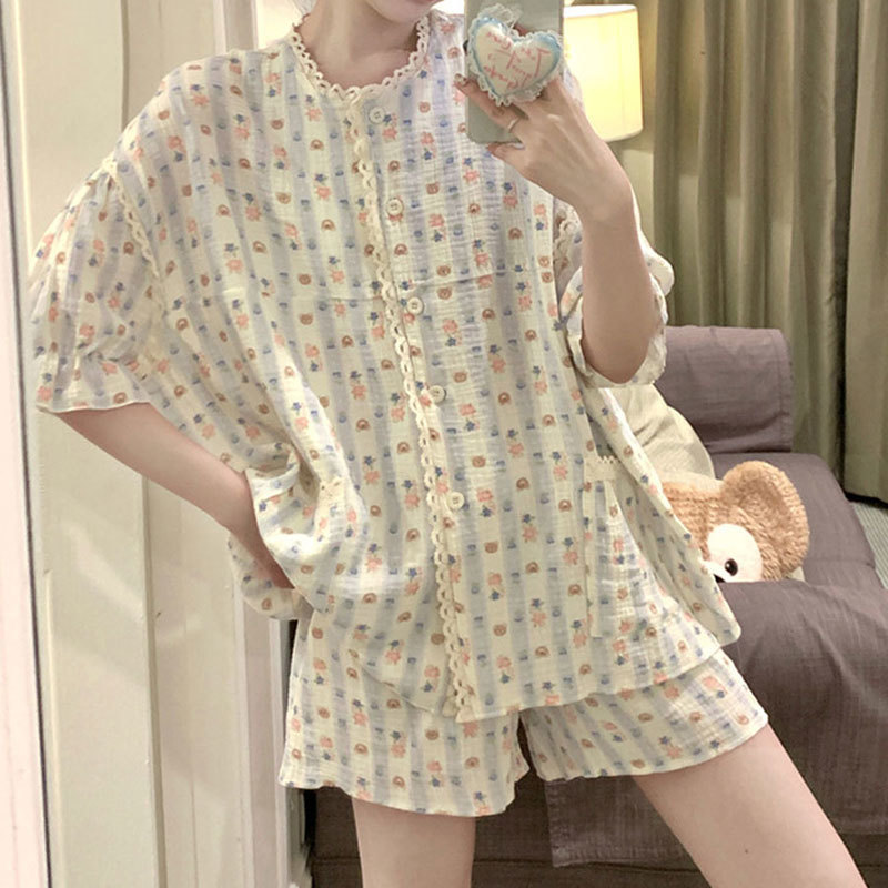 夏の新型insパジャマ女性の甘いシンプルなネット赤半袖半ズボンのゆるい薄いタイプのカジュアルな家庭服セット|undefined