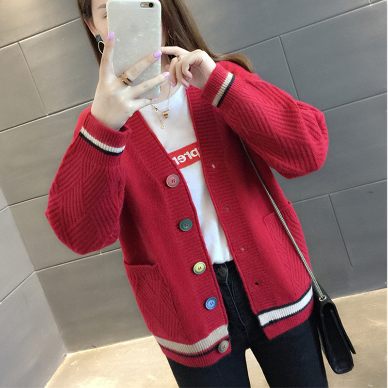 Women's Clothing Knitted Sweater V Neck All match Small Cardigan Jacket Women's Colorblock Sweater _voghion.com