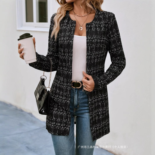 Ladies' Casual Elegant Plaid Crew Neck Cardigan for Spring and Autumn
