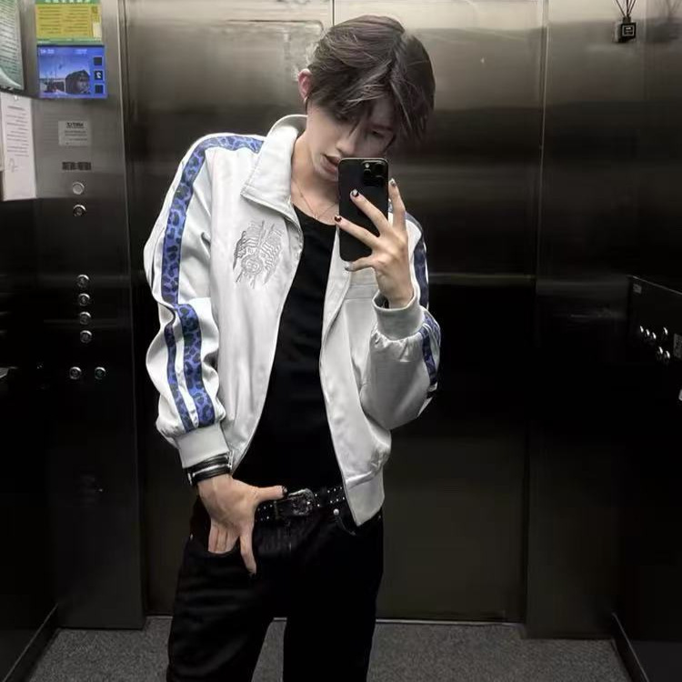 American-style satin color-blocked blue webbing leopard print stand-up collar jacket for men, autumn and winter street style high-end short jacket hoodie