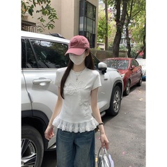 実物撮影 夏韓国風レース裾蝶結び年齢軽減万能コットン半袖Tシャツトップス 79074