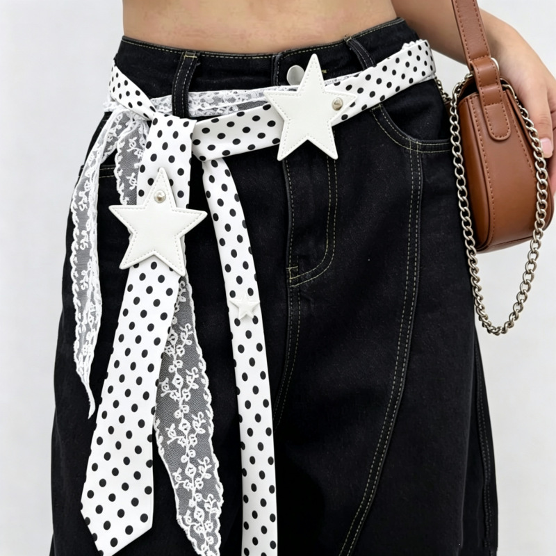Polka Dot Silk Scarf Belt Paired with Jeans, Waist Accessory for Women, High-End Long Vintage Lace Waistband to Match Dresses