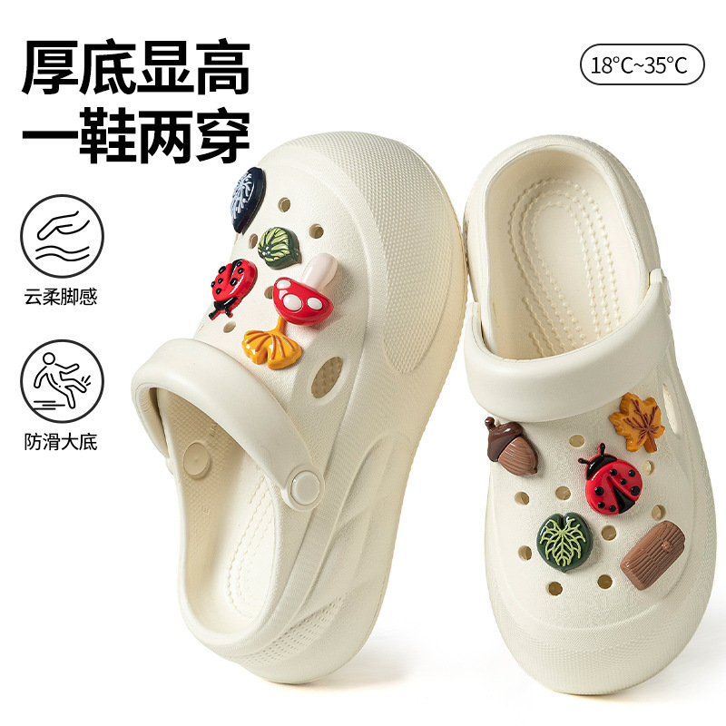 Croc-Style Women's Shoes with Thick Soles, Height-Increasing, Soft Soles with a Squishy Feel, Cute Cartoon Accessories, Suitable for Students, Summer Outdoor Sandals and Slippers