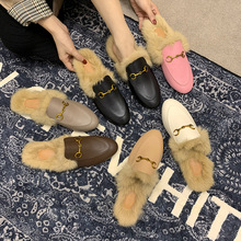 网红g家兔毛穆勒鞋平底毛毛拖秋冬外穿搭扣一脚蹬毛绒懒人半拖鞋