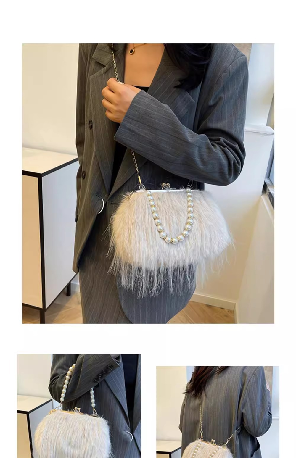 Women's Exquisite furry plush bag messenger bag autumn and winter plush bag pearl chain handbag_voghion.com
