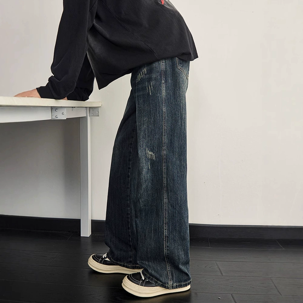 Синие ретро джинсы мужские осенние и зимние поцарапаны свободные прямые брюки с широкими ногами