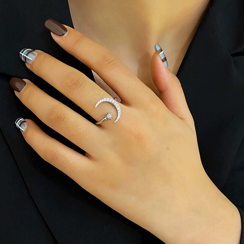 Новое кросс-борт jewelry, европейско-американская внешняя торговля персонализированное кольцо с инкрустированным камнем луна и звезда, открывающая регулировка серп и руки украшения для женщин