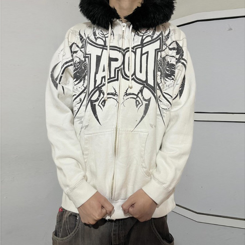 European and American Cross-Border New Autumn and Winter Plush Printed Men's Jacket Zipper Loose Versatile Pattern Splicing Jacket Windbreaker