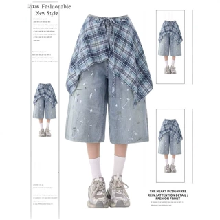 潮鲤有货撞色格纹裙摆泼墨牛仔短裤女2026年夏季美式街头