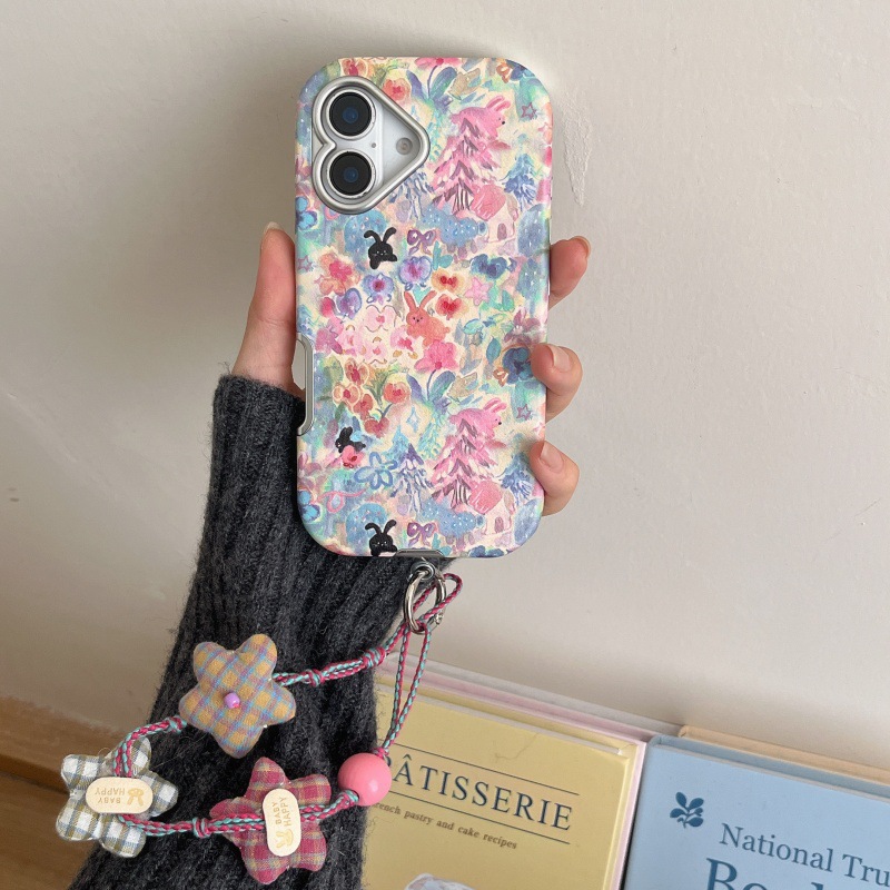 Estilo pastoral pintura al óleo flores de colores conejo para iphone15/16 funda para teléfono móvil 16Pro chica 14PM dibujos animados