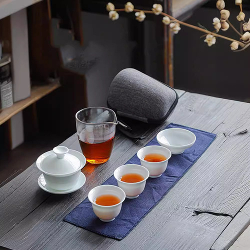 Dehua White Porcelain Travel Teapot Set with Three Cups and Lid, Outdoor Portable Simple Carry Bag with Custom Logo