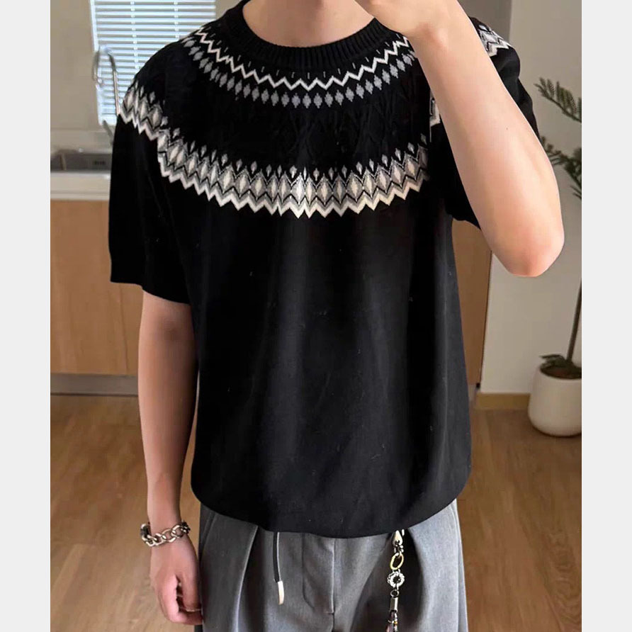 Isla de Fair camiseta de punto de manga corta camiseta de cuello redondo jacquard hombre viejo estilo casual hielo de verano fábrica transfronteriza mayorista