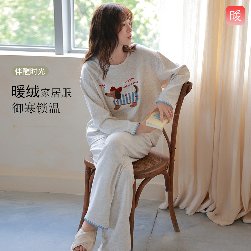 Self-Heating German Velvet Pajamas for Women Autumn and Winter Wool Velvet Silk Fleece-Lined Thickeneded Warm Cartoon Home Clothes Set