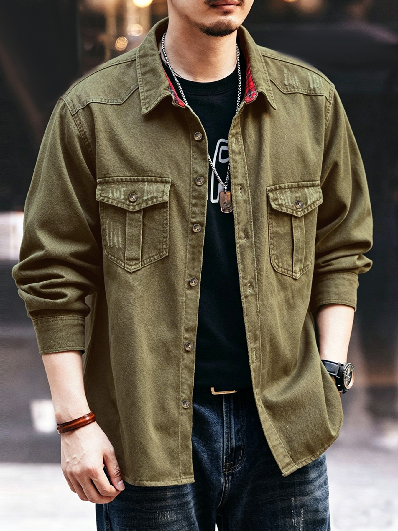 Men's Vintage Loose Fit Work Shirt, Spring Casual Plaid Long Sleeve Shirt For Big & Tall, Military Green_viptrois.com