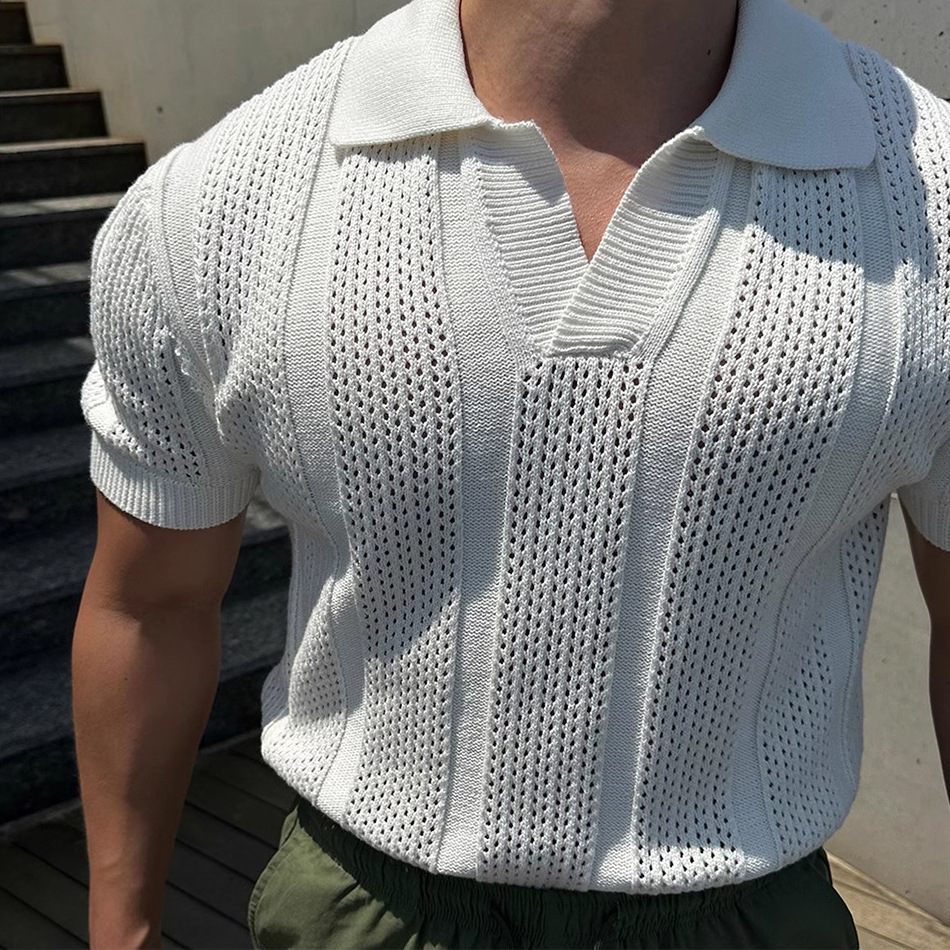 Verano nuevo estilo suéter de manga corta hombre hueco seda de hielo camisa POLO solapa delgado negocio marea comercio exterior transfronterizo al por mayor