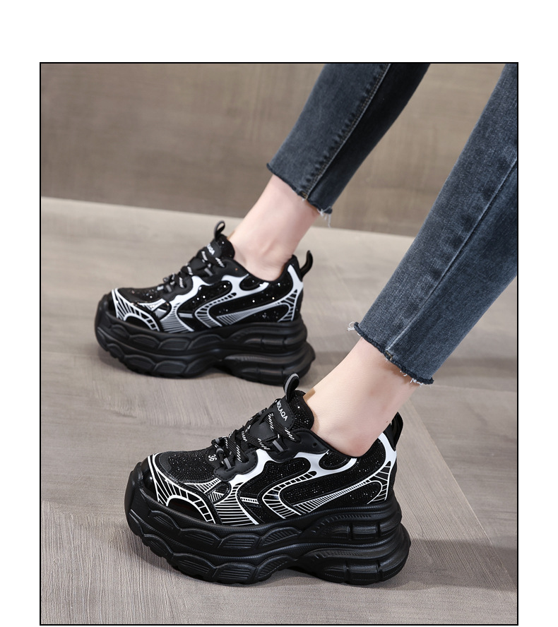 Giày sneaker nữ đế dày tăng chiều cao phối đá rhinestone — Màu đen chi tiết 18