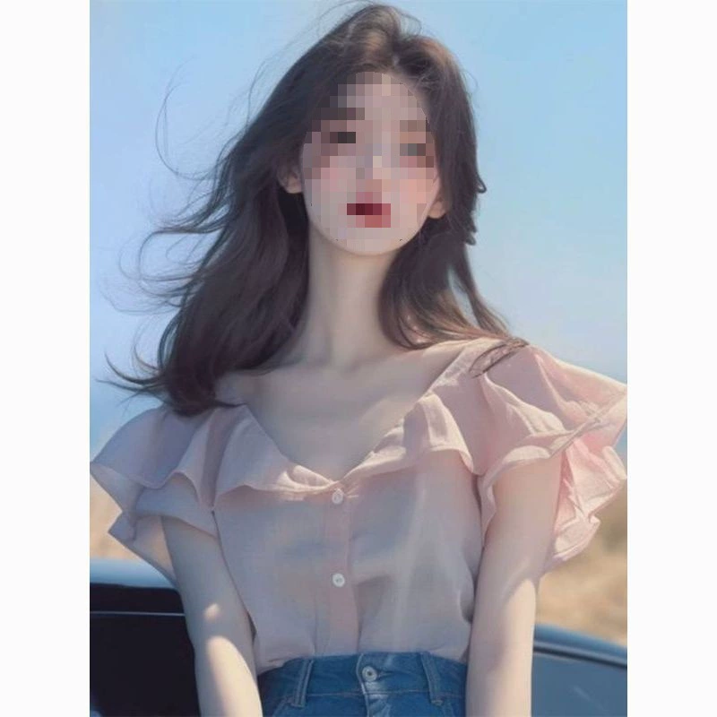 Розовый рубашка с короткими рукавами женский 2024 новый летний шикарный французский шифоновый топ