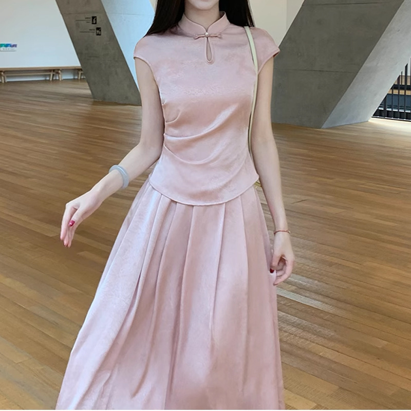 レトロな中国風 [Diwan Fei] 新しい中国風の蝶チャイナドレス襟トップ女性の夏のサテンスカートスーツトレンディ|undefined