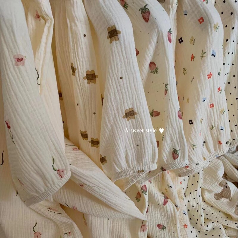 Cotton Gauze Nightgown Women's Wrinkled Cotton Double-Layer Gauze Long-Sleeved New Pajamas Pure Cotton Large Size Dress Home Clothes