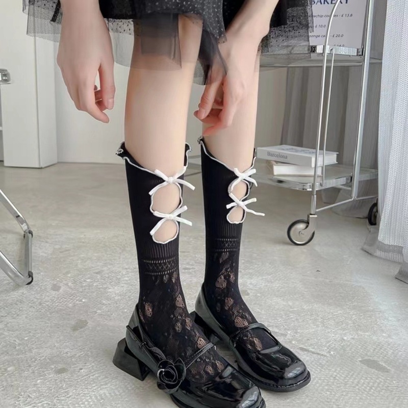 二重の蝶結びの中筒の靴下のロリータの女の子の靴下の蝶結びの透かし彫りのjkの女の子の足の靴下の清新な風のストッキング|undefined