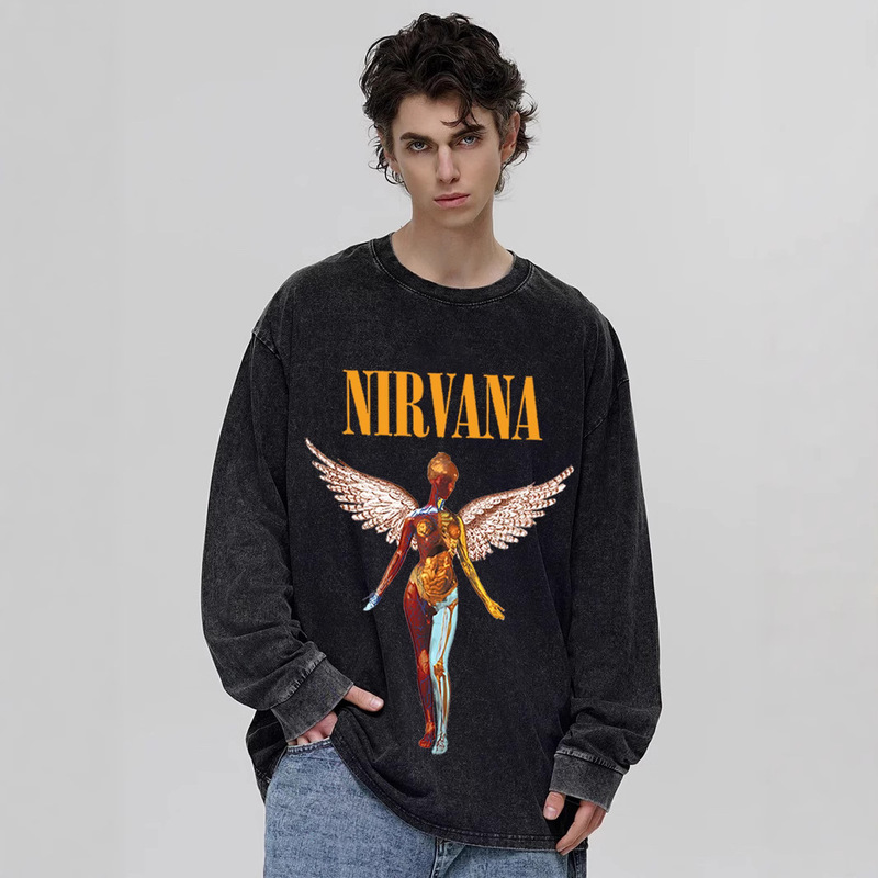 Nirvana In Utero T-Shirt Nirvana Band Rock American Loose Angel Pattern vintage Long Sleeve