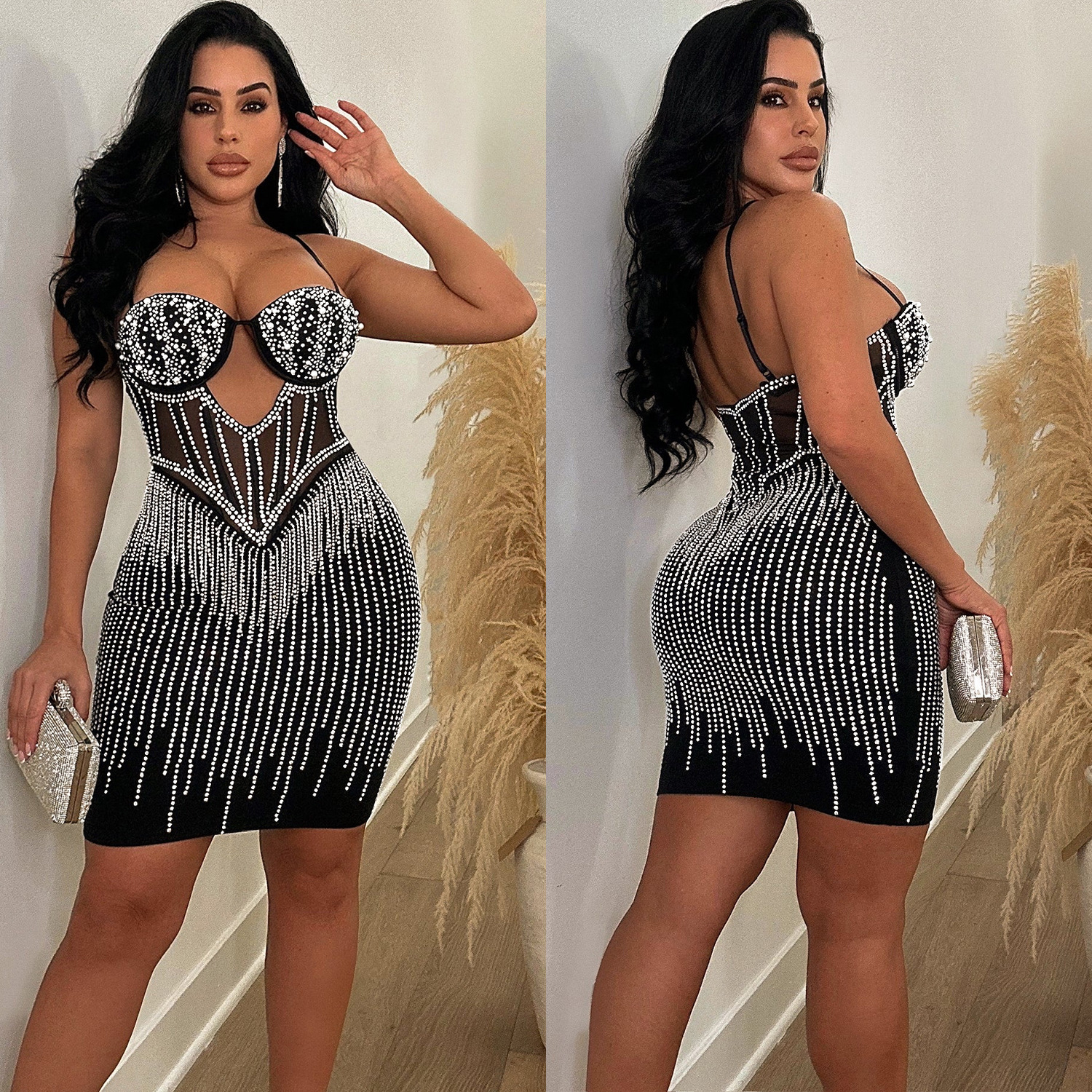C6753 transfronteriza AliExpress Amazon europeo y americano de las mujeres de moda de color sólido malla rhinestone Correa falda vestido image 3