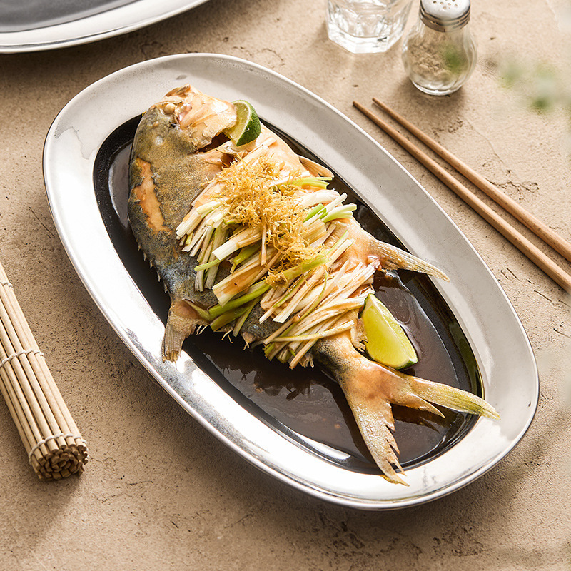 Ujin Glaze Silver Plated Creative Ceramic Plate Oval Fish Plate Household Dish High-end Hotel Tableware Commercial Dinner Plate